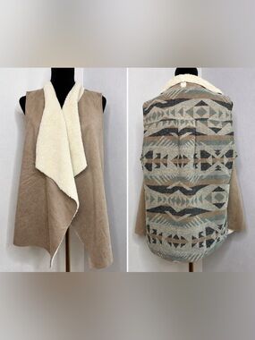 Hem & Thread Aztec Sherpa Draped Vest Faux Suede Southwestern Boho size Large